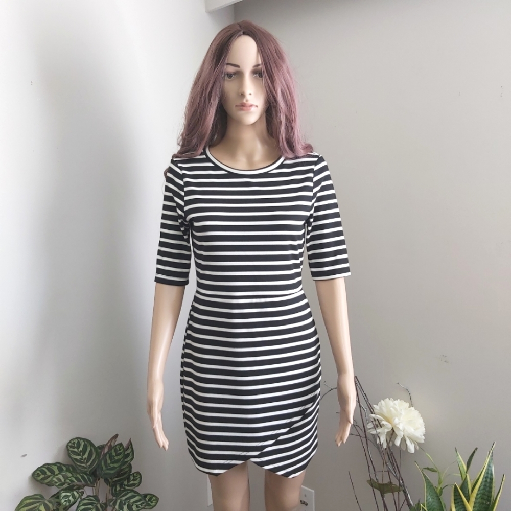 Topshop petite sheath dress black white stripes half sleeves tulip hem